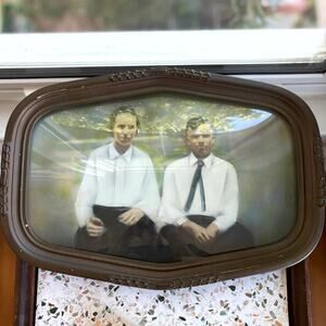 Vintage Convex Glass Portrait Frame Couple Photo Bubble Glass 16.75”